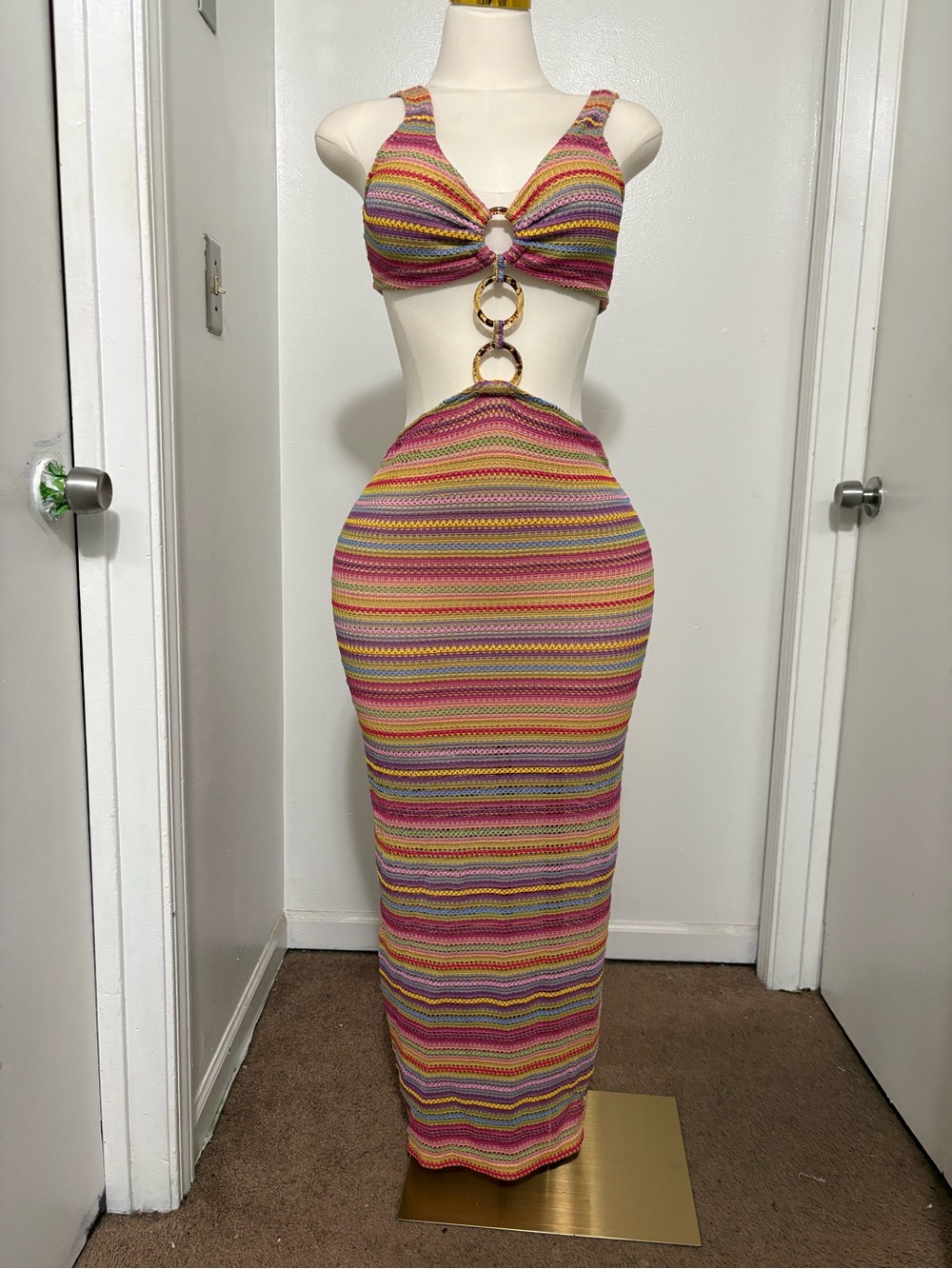 SHEIN Pink Yellow Multi-Stripe Ring Cutout Maxi Dress